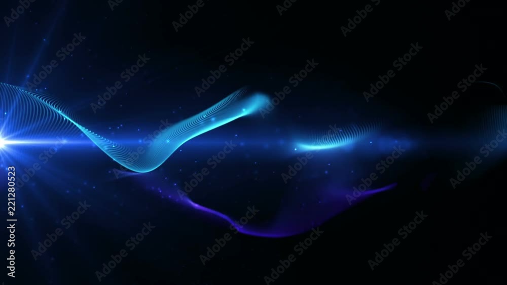 Poster seamless loop: blue elegant abstract dynamic lines in motion with particles revolving and flickering