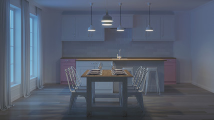Modern house interior. White interior. Night. Evening lighting. 3D rendering.