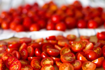 Cherry tomatoes on the kitchen table.