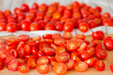 Cherry tomatoes on the kitchen table.
