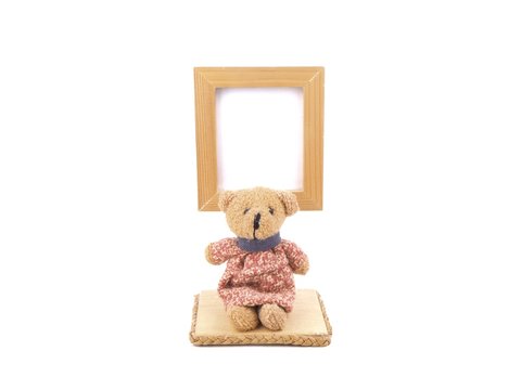 Wooden Picture Frame and Cute Bear On a white background.