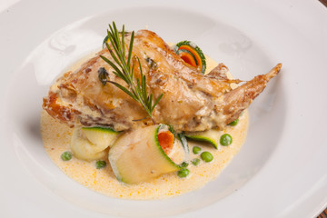 Duck leg with sauce of Zucchini and carrots