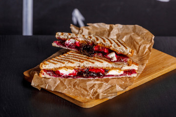 Sandwich with homemade peanut butter, jam and marshmallow.