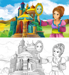 Cartoon scene with princess near some castle - with coloring page - illustration for children