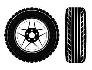 Wheels and tires are black. For a logo or emblem of a tire store or car workshop. For tire fitting - obrazy, fototapety, plakaty