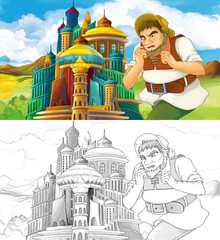 cartoon scene with prince or king traveling near arabian castle - with artistic coloring page - illustration for children