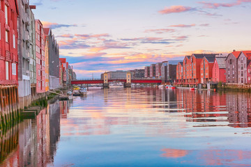 Sunset in Trondheim, view of the river Nidelva 