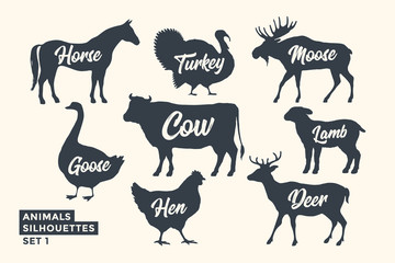 Animals silhouette set. Black-white silhouette of animals with lettering names. Design template for grocery, butchery, packaging, meat store. Farm and wild animals theme. Vector Illustration © foxysgraphic