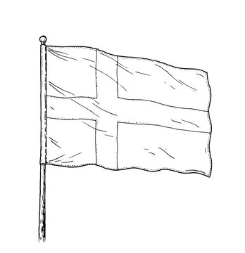 Flag of Sweden or Denmark drawing - vintage like illustration of triple colour flag. Contour on white background.