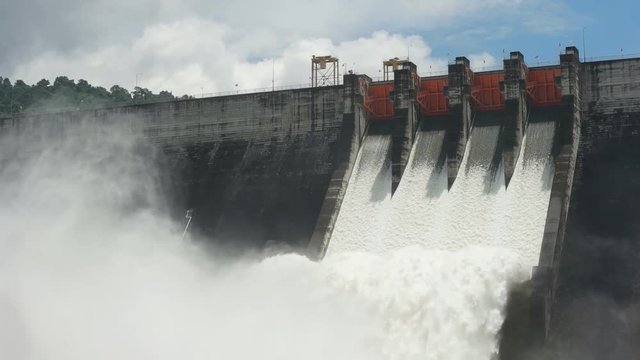 The overflow water in these dams goes through spillways into the rivers, In the rainy season at Khun Dan Prakan Chon dam in Nakhon Nayok Province, Thailand.
