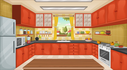 Colorful kitchen with utensils. House in the suburb.