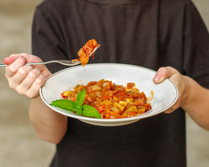 stewed vegetables - pumpkin, tomato, onions, carrots, zucchini, eggplant and more. . food background. top view
