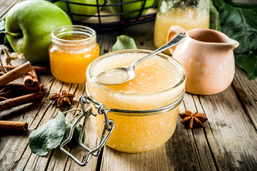 Homemade apple jam or sauce, with green apples and spices
