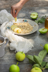 oatmeal for breakfast with fruit - healthy and healthy food. . food background. top view