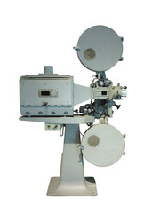 Old-fashioned cinema movie vintage film projector isolated on white