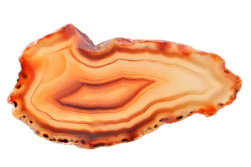 Amazing orange Agate Crystal cross section from Madagascar with backlight isolated on white background. Natural translucent agate crystal surface,  Abstract structure slice mineral stone macro closeup