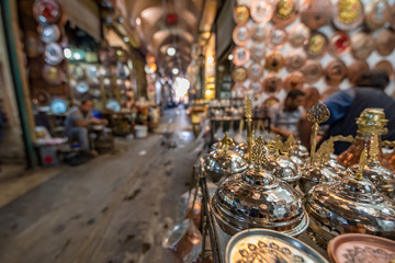 Fototapeta na wymiar copper objects or sale in Huseyniye Bazaar