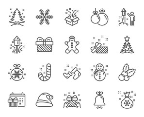 Christmas line icons. Set of Santa hat, Gingerbread man and Gift box linear icons. Fireworks, Snowflake and christmas holly symbols. Snowman, santa socks and Pine tree. Vector
