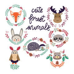 Naklejka premium cute forest elements animals and plants