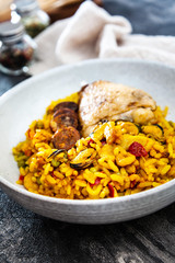 Chicken and chorizo paella with Mussels
