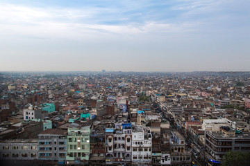 An aerial view of Old Delhi taken from the Jama Masjid in New Delhi, India. 