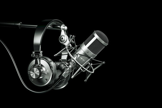 Audio recording studio equipment, Headphones on microphone stand