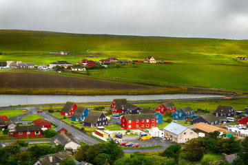 Scalloway Harbour view at rainy day.