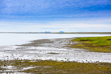 Beautiful isolated green colored Iceland lake with blue skies and puffy clouds. Reflection on water.