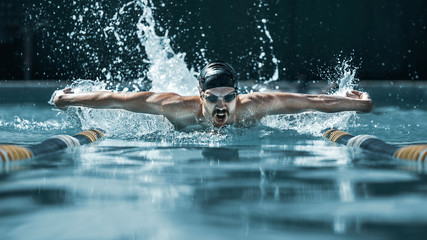 The dynamic and fit swimmer in cap breathing performing the butterfly stroke at pool. The young...