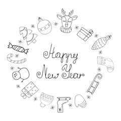 New year, Christmas icon set. Hand drawn holiday items on white background. Vector drawing. 