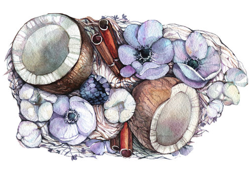 Watercolor pattern of delicate flowers on an isolated white background. Handmade. Detailed floral work with bright colors.