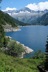 Naklejka na ściany i meble paesaggio montagna lago natura parco all'aperto cime rocce alberi verde acqua