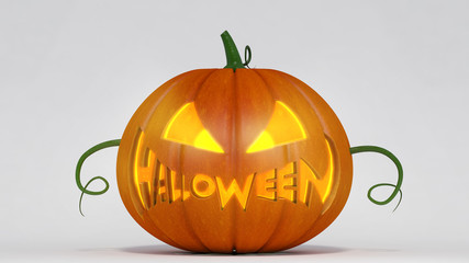 pumpkin jack-o-lantern with smile written halloween, white background. 3d illustration