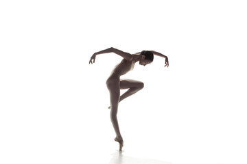 Young graceful female ballet dancer or classic ballerina dancing isolated on white studio. Caucasian model on pointe shoes © master1305