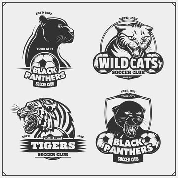 Set of soccer emblems, badges, logos and labels with tiger, panther and wildcat.