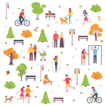 A set of characters walk in the park in the autumn season. Background with people. Vector illustration in simple style on white isolated background