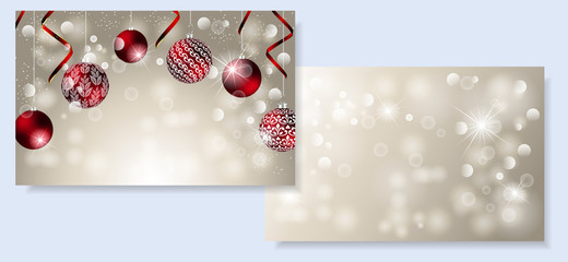 Set of Christmas card with balls and red ribbon. Space for text. Vector Christmas design for greeting card, party invitation, holiday sales.