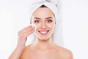 Close up of attractive charming girl with towel on her head, iso