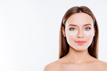 Fototapeta premium Close up portrait with copy space of pretty charming girl using