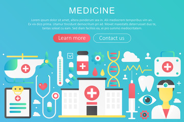 Vector trendy flat gradient color medicine concept template banner with icons and text.