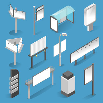 Street Billboard Isometric Set On White Background