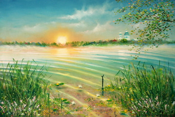 Sunrise on the lake. Painting. Painting with oil paints