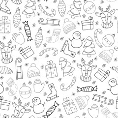 Christmas seamless pattern. Painted Christmas items: Christmas tree, candy, Christmas toy, gift box, skates, sled, deer, winter hat, warm socks, garland and snowflakes. Vector illustration.