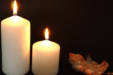 Autumn scene of two lighted white veils and a leaf on black background.