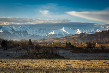 Panorama of snow-capped Tatra Mountains, Malopolska, Poland