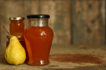 pears. pear jam. food background. top view