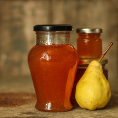 pears. pear jam. food background. top view