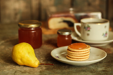 pears. pear jam. food background. top view