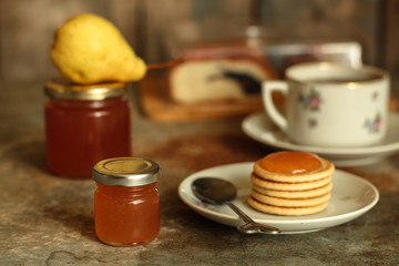 pears. pear jam. food background. top view