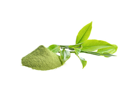green tea leaves and powder on white background